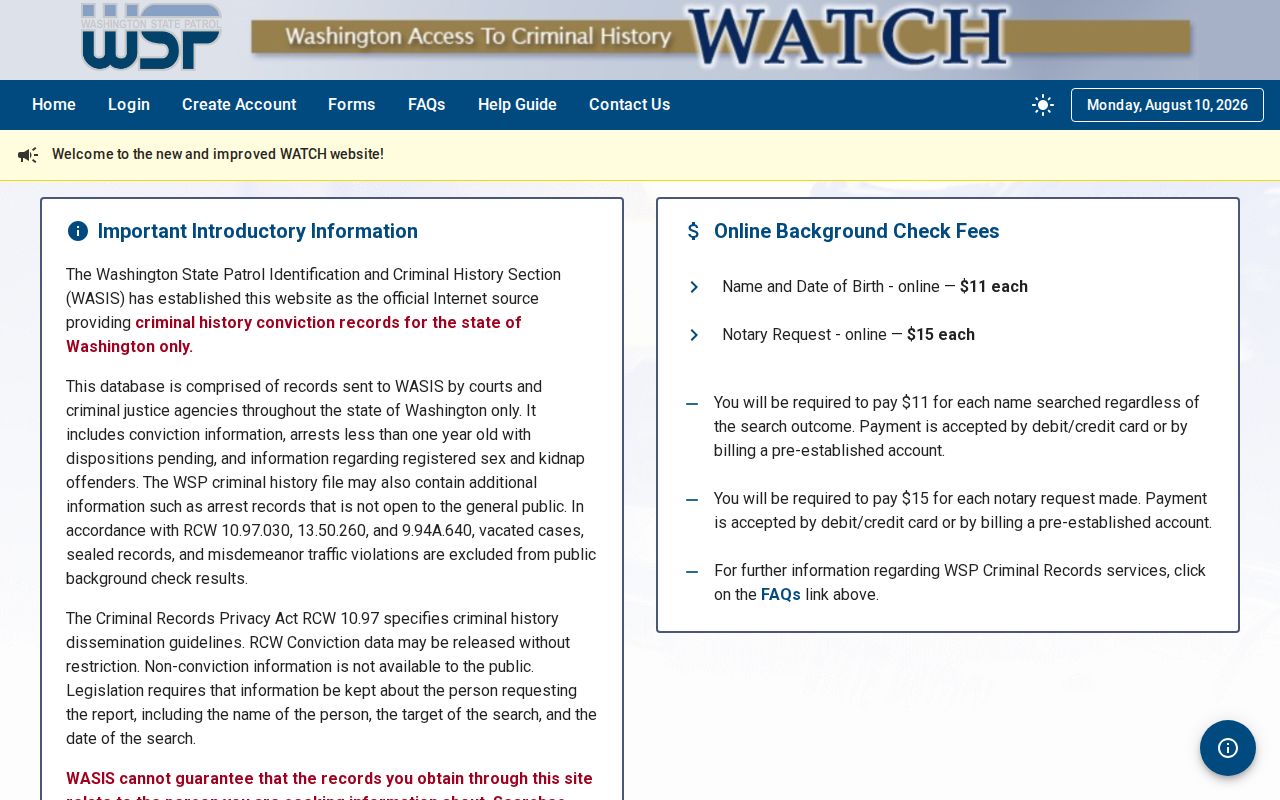 Skamania County criminal history search through the Washington WATCH portal